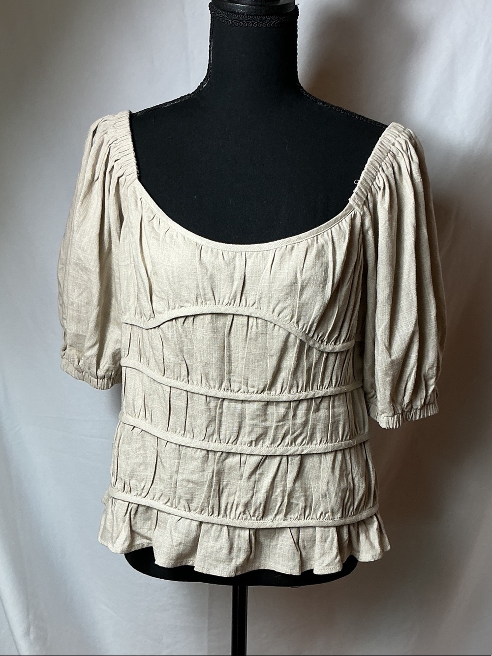 Tan Before You Scoop-Neck Ruffled Peasant Blouse